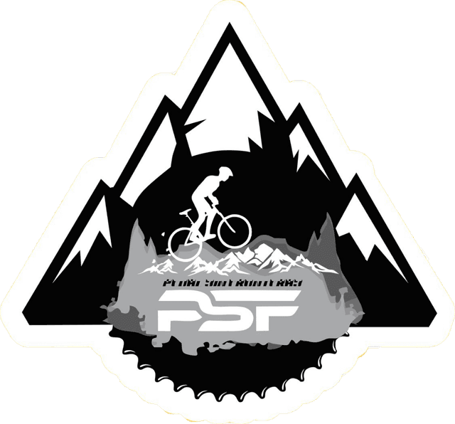 Logo Pedal Sin Fronteras - Ciclista de montaña en triángulo con montañas